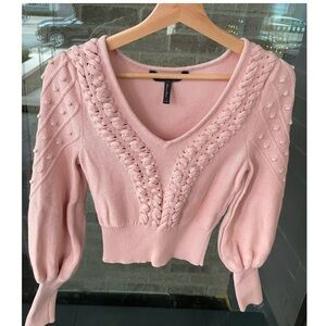 Soft Pink Cable & Pom Pom V-Neck Bishop Sleeves Knit Sweater
